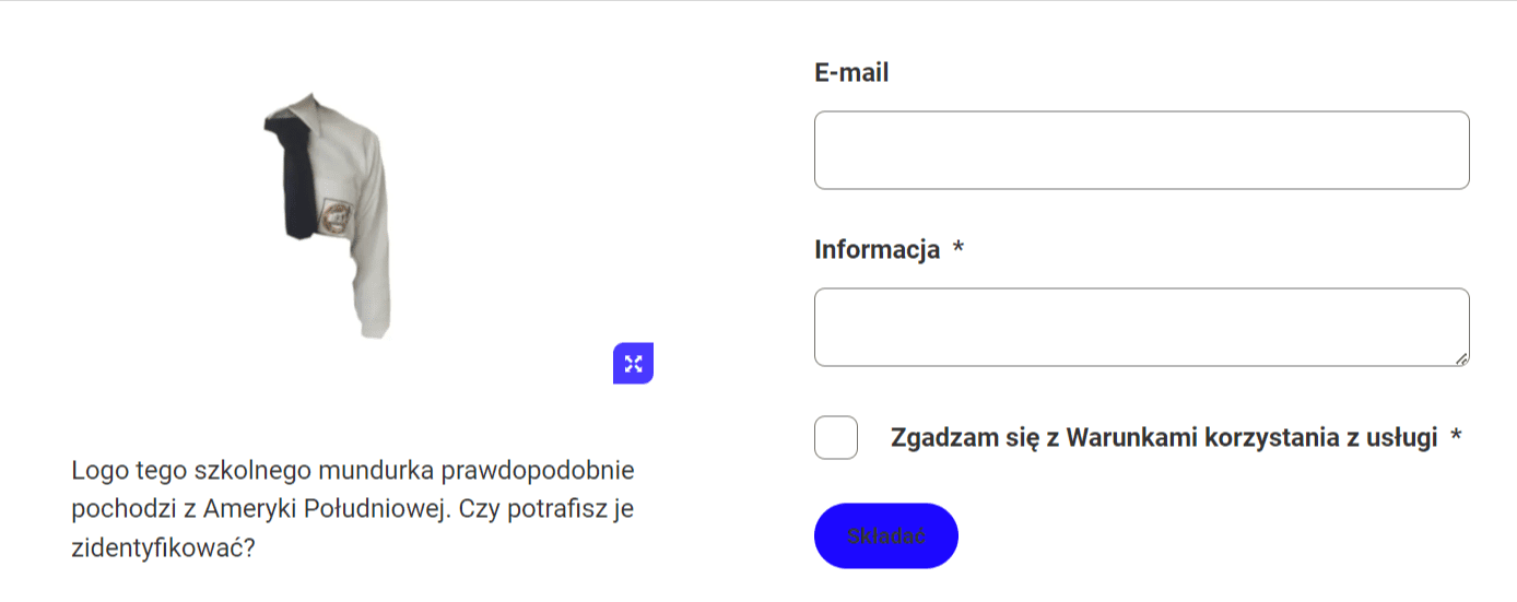 Zrzut ekranu jednego z obiektów umieszczonych w bazie Europolu. Na zrzucie widać fragment mundurka szkolnego oraz formularz do przesłania informacji na jego temat.