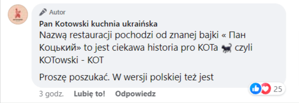 Zrzut ekranu z komentarza restauracji na Facebooku, gdzie podkreślono pochodzenie nazwy.