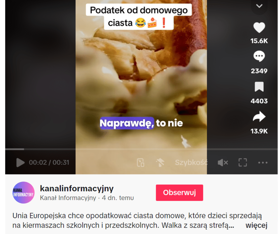  Nagranie na TikToku opisujące rzekomy podatek od domowego ciasta 