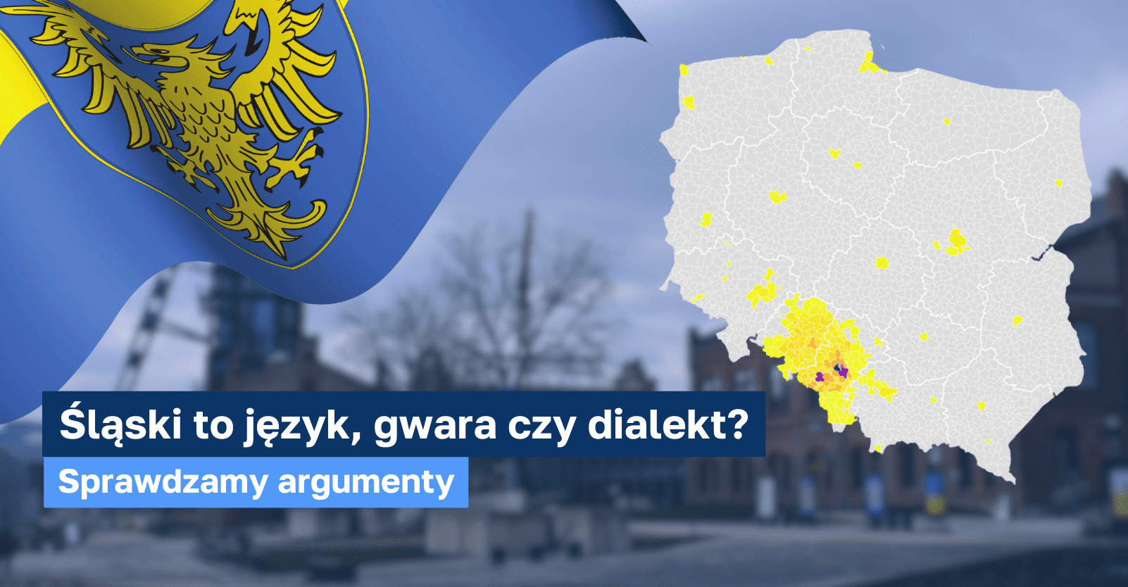 Żółto-niebieska flaga z żółtym orłem w lewym górnym rogu. Mapka z zaznaczonymi obszarami, w których mówi się po śląsku po prawej. W tle rozmazany fragment miasta. W lewym dolnym rogu tekst: „Śląski to język, gwara czy dialekt? Sprawdzamy argumenty”.