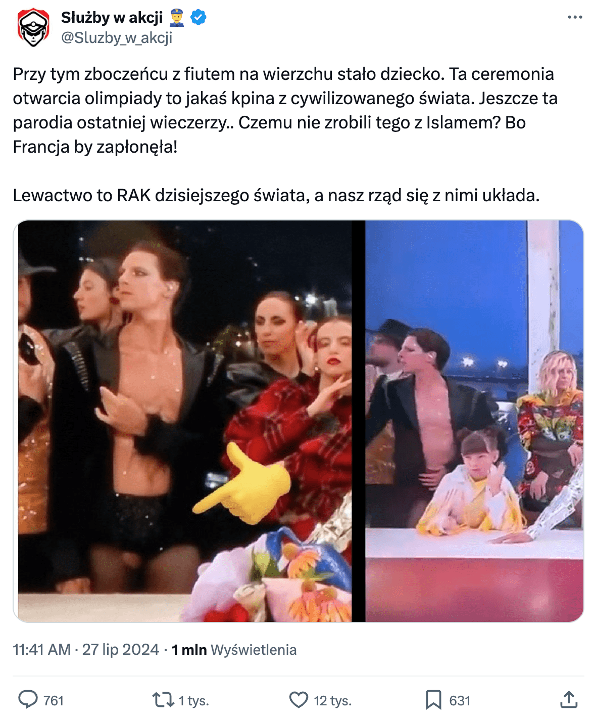 Zrzut ekranu jednego z omawianych wpisów. Widoczna jest omawiana postać w czarnej marynarce.