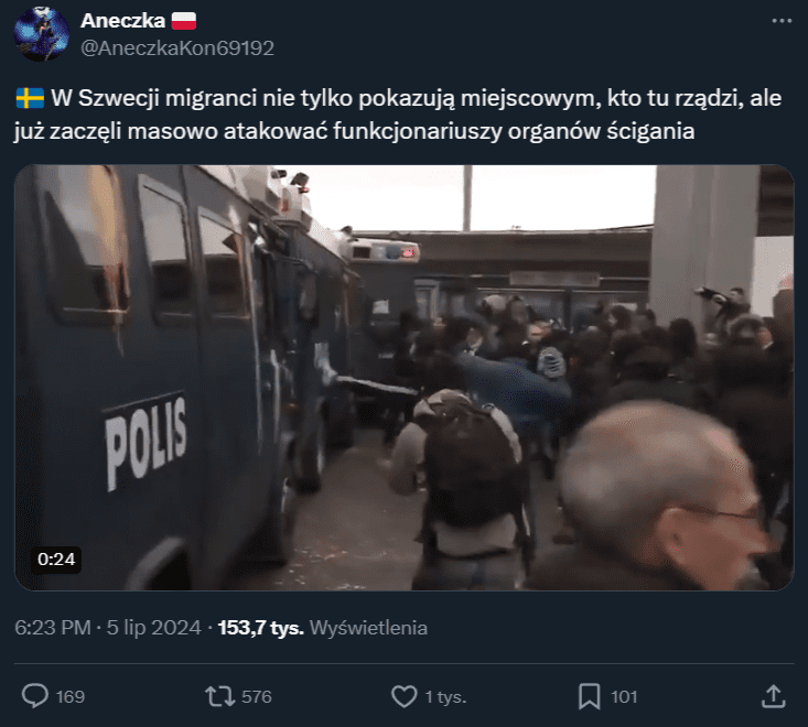Zrzut ekranu z wpisu w serwisie X, do którego dołączono film z zamieszek w Szwecji.