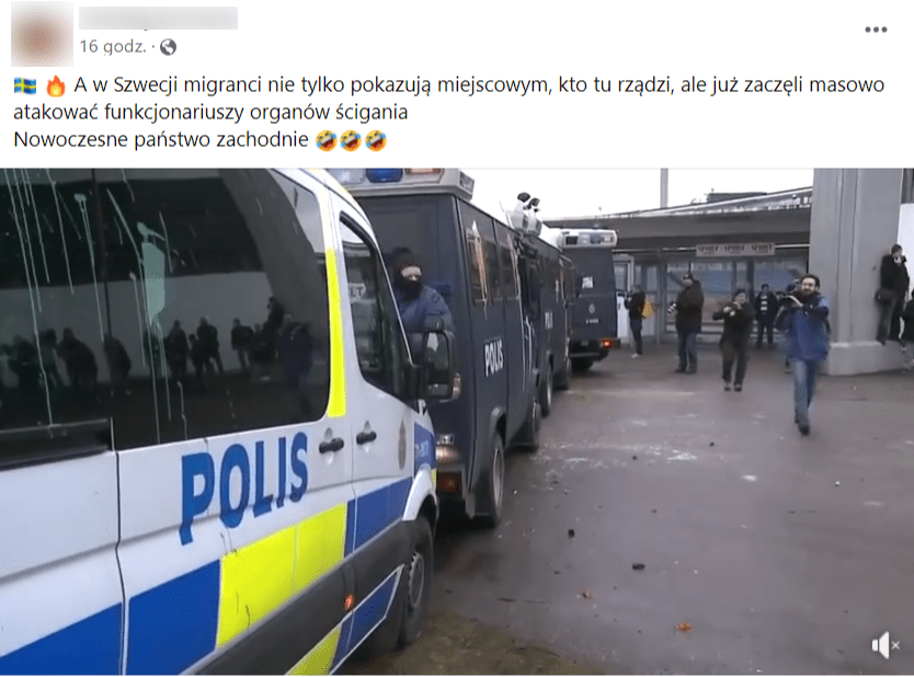 Zrzut ekranu z wpisu na Facebooku, do którego dołączono film z zamieszek w Szwecji.