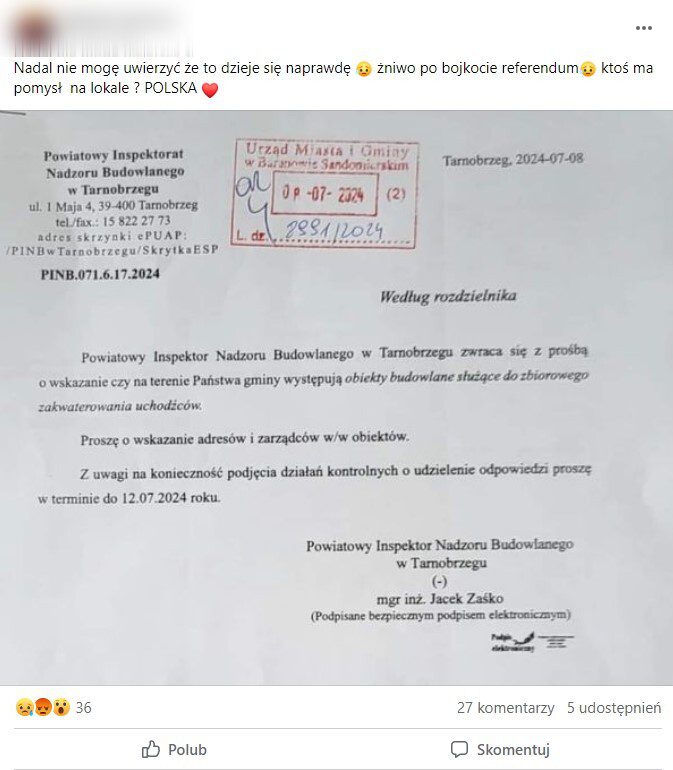 Na zdjęciu przedstawiony jest post zawierający pismo Powiatowego Inspektora Nadzoru Budowlanego w Tarnobrzegu wraz z podpisem„Nadal nie mogę uwierzyć że to dzieje się naprawdę 😥 żniwo po bojkocie referendum😥 ktoś ma pomysł na lokale ? POLSKA ❤️”. Post zdobył 36 reakcji, 27 komentarzy i 5 udostępnień