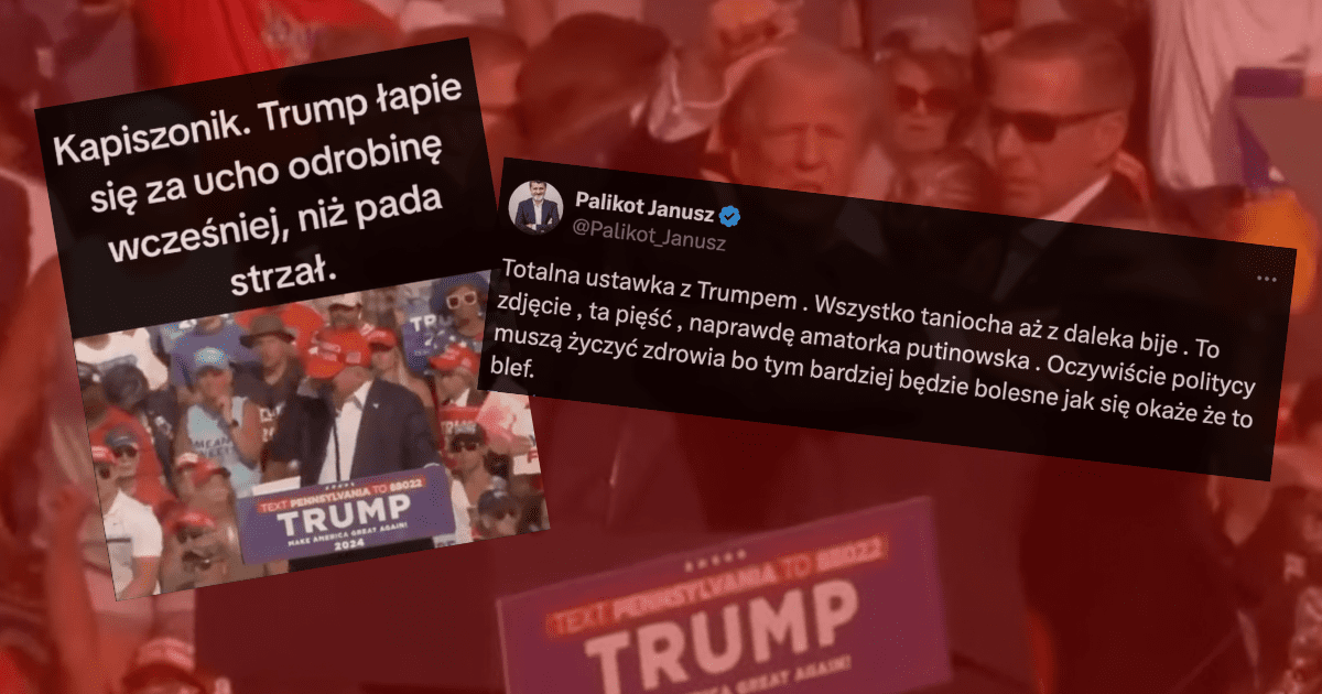 screeny z portalu X i Tiktoka, w tle zdjęcie zamachu na Trumpa