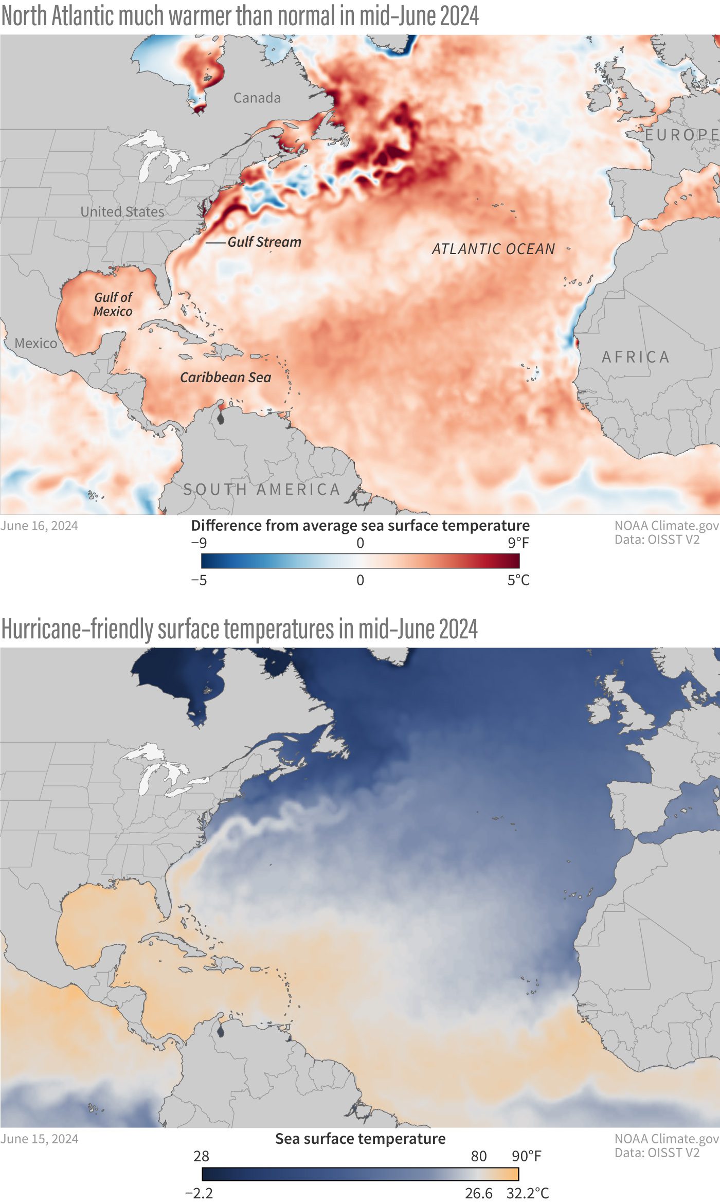 Grafiki pokazujące mapę północnego Atlantyku. Pierwsza z nich pokazuje anomalie temperaturowe w odniesieniu do okresu 1971-2000, druga pokazuje bezwzględną temperaturę powierzchni oceanu