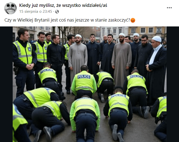 Zrzut ekranu posta na Facebooku. Widzimy policjantów klęczących przed grupą muzułmanów. 12 reakcji, 3 komentarze, 1 udostępnienie.