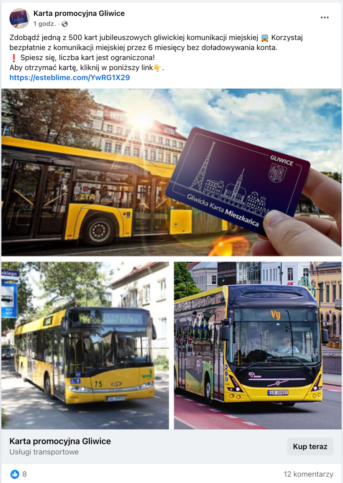 Zrzut ekranu wpisu na Facebooku, w którym zachęcano do pozyskania karty darmowych przejazdów gliwickiej komunikacji miejskiej. We wpisie przedstawiono gliwickie autobusy oraz Kartę Mieszkańca.