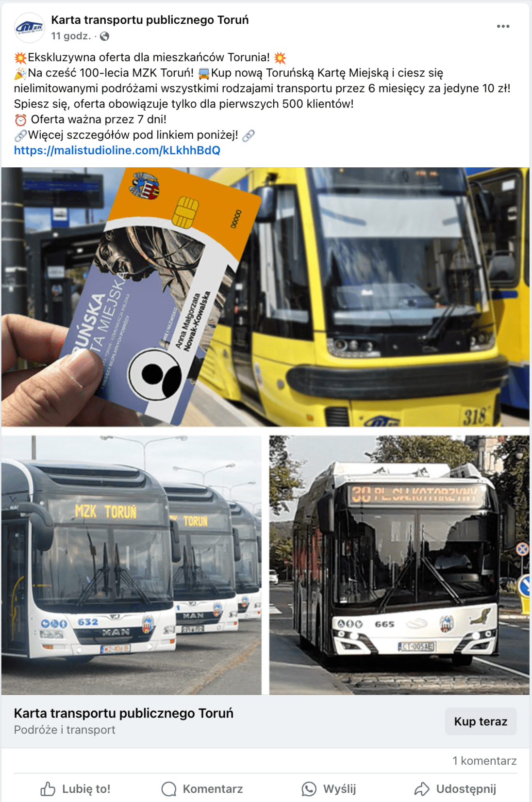 Zrzut ekranu wpisu na Facebooku, w którym nakłaniano do pozyskania karty przejazdów toruńskiej komunikacji miejskiej w zniżkowej cenie. We wpisie przedstawiono toruński tramwaj i autobusy oraz kartę miejską.