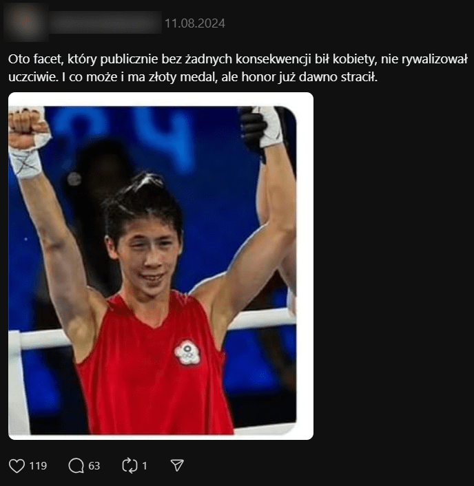 Zrzut ekranu z posta na Threads. Na zdjęciu bokserka Lin Yu-Ting.