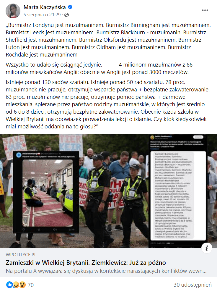 Zrzut ekranu posta na Facebooku. Widzimy policję oraz protestujących ludzi z transparentami. 70 reakcji, 30 udostępnień. 