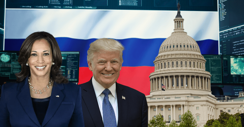 Kamala Harris, Donald Trump i Biały Dom na tle rosyjskiej flagi i pracowni komputerowej.