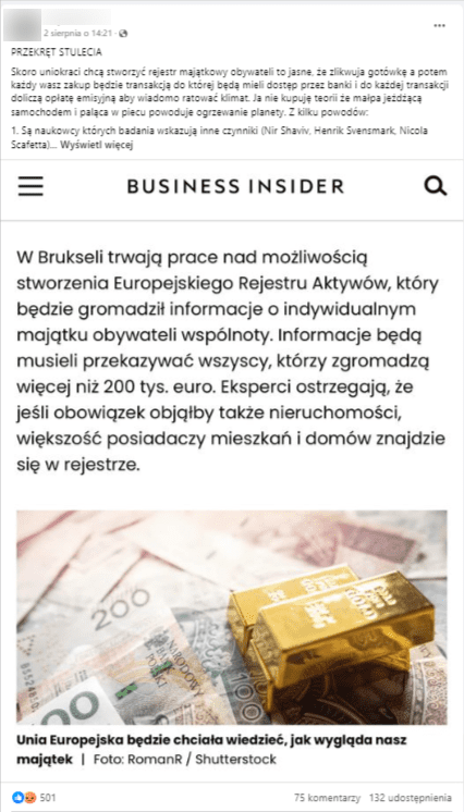 Wpis na Facebooku z fragmentem artykułu z Business Insider o rzekomych planach wprowadzenia Europejskiego Rejestru Aktywów