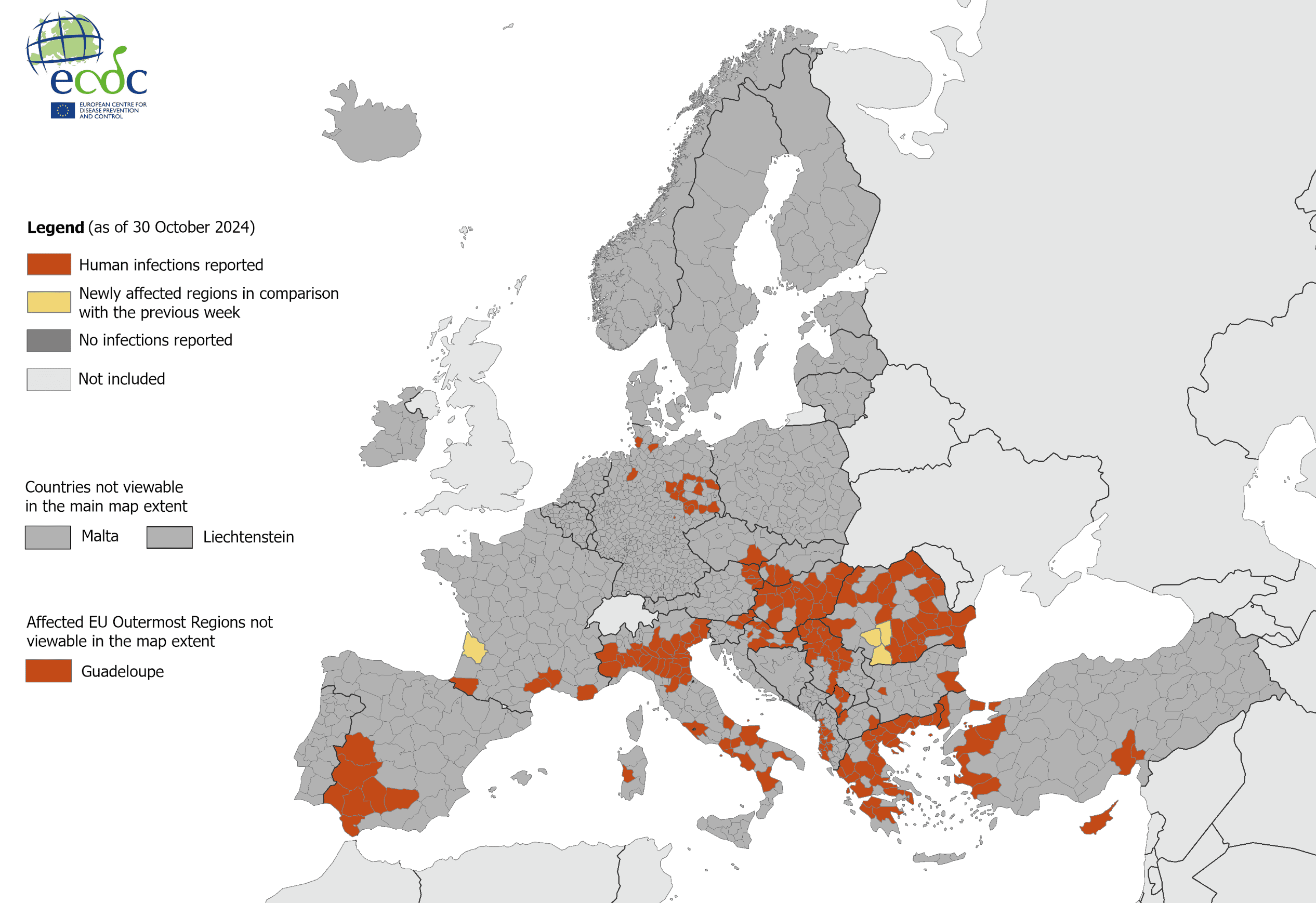 Mapa lokalnie nabytych zakażeń wirusem Zachodniego Nilu u ludzi w Europie 2024 roku do 30 października.