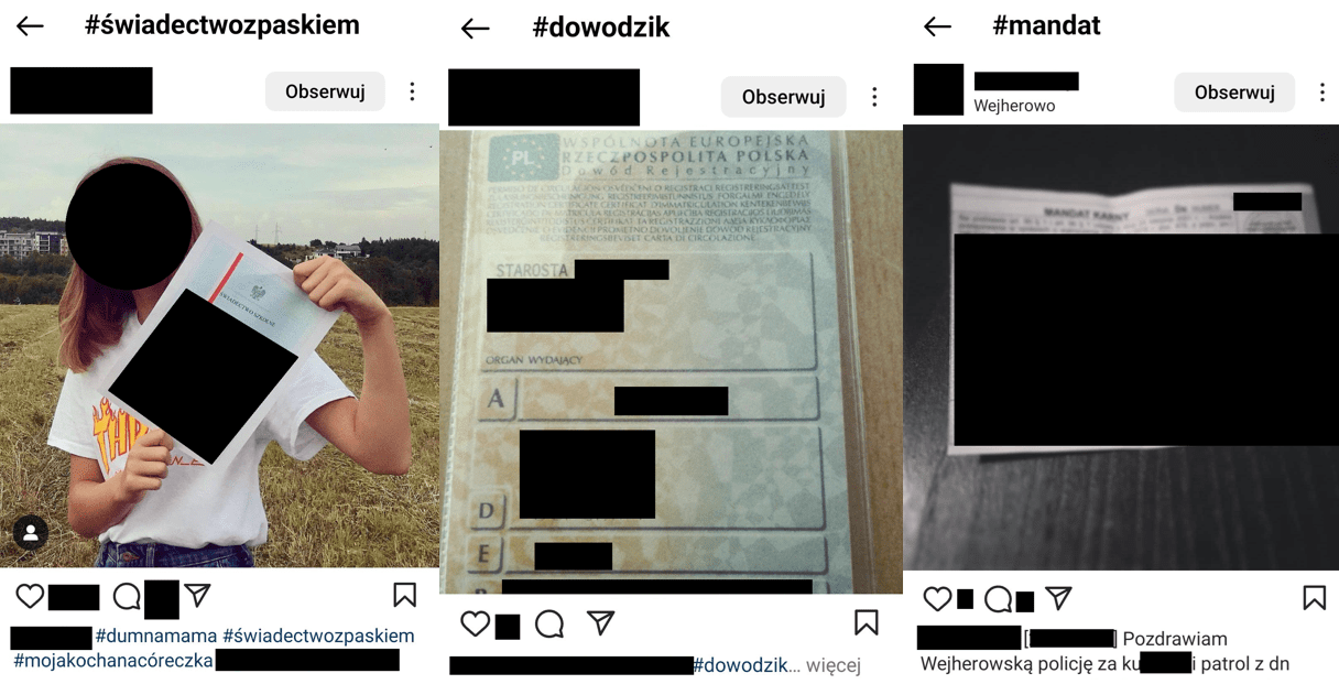 Wybrane posty zawierające poufne dane. Na jednym osoba trzyma świadectwo, na drugim leży dowód rejestracyjny, na trzecim mandat