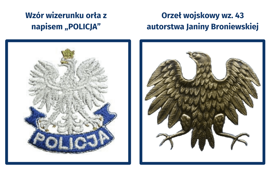 Porównanie obrazów wzoru orła z napisem „Policja" oraz orła wojskowego wz. 43.