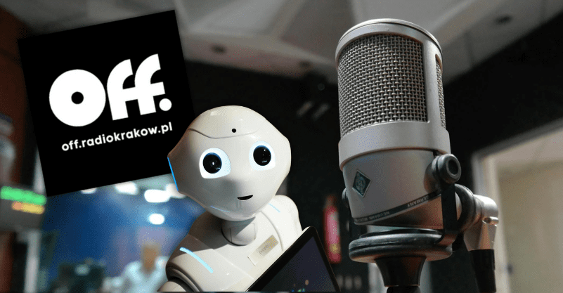 logo stacji off kraków, zdjęcie robota, w tle zdjęcie radia