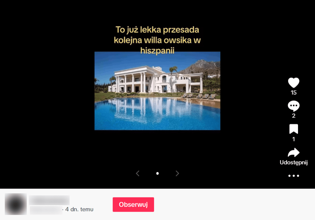 Na grafice przedstawiono zrzut ekranu z opisywanego posta. Widoczny jest na nim budynek z basenem oraz napis „To już lekka przesada kolejna willa owsika w hiszpanii”.