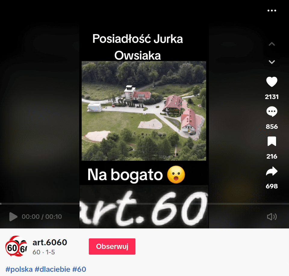 Na grafice przedstawiono zrzut ekranu z opisywanego posta. Widoczna jest na nim nieruchomość i napisy: „Posiadłość Jurka Owsiaka” oraz „Na bogato”. Post polubiło 2131 osób, został skomentowany 856 razy i udostępniony 698 razy.
