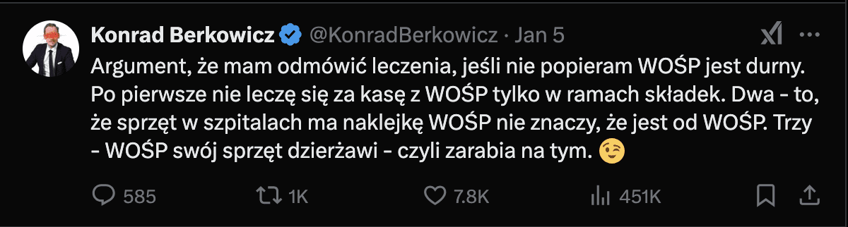 Screen wpisu Konrada Berkowicza na portalu X.