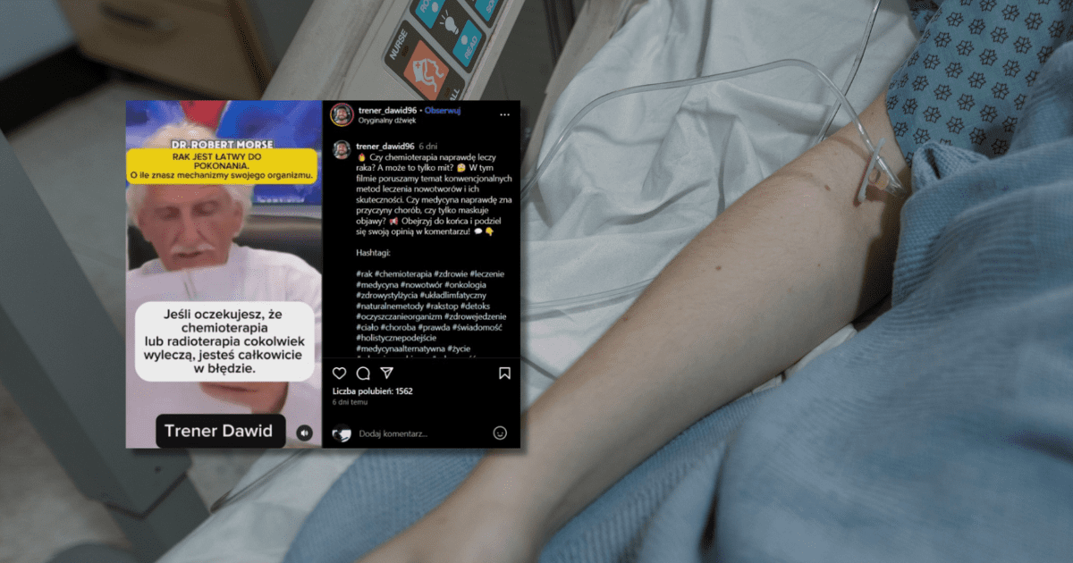 W tle pacjent podpięty do kroplówki, zrzut ekranu z Instagrama z informacją o tym, że rak jest łatwy do pokonania.