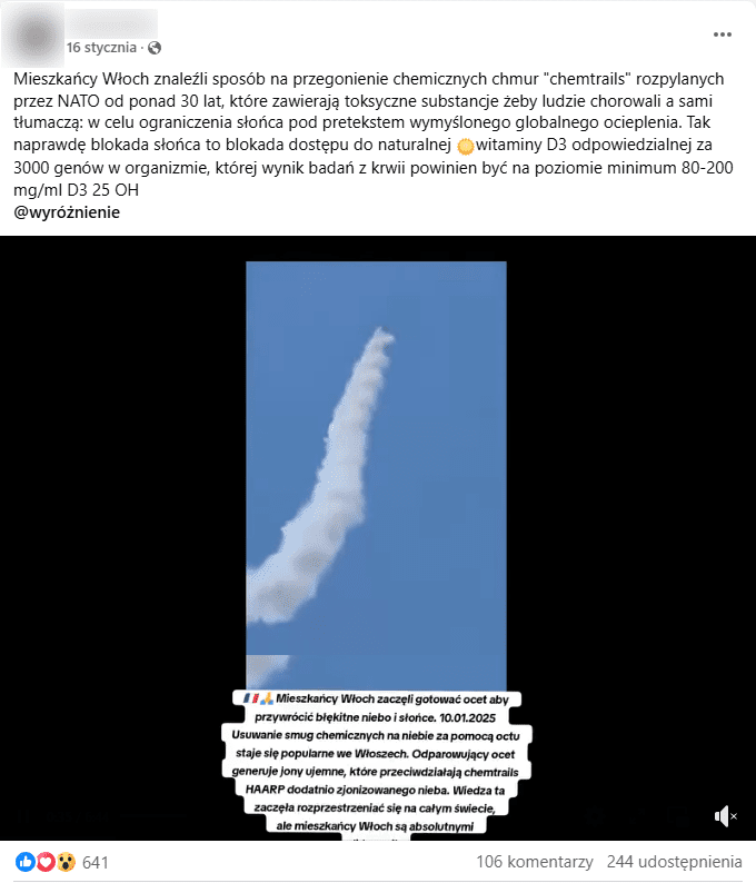 Zrzut ekranu z posta na Facebooku. Na nagraniu widzimy chmurę powstałą po odpaleniu kilku rakiet.