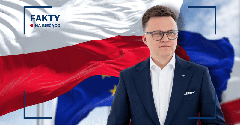 Szymon Hołownia na tle flagi Polski i UE