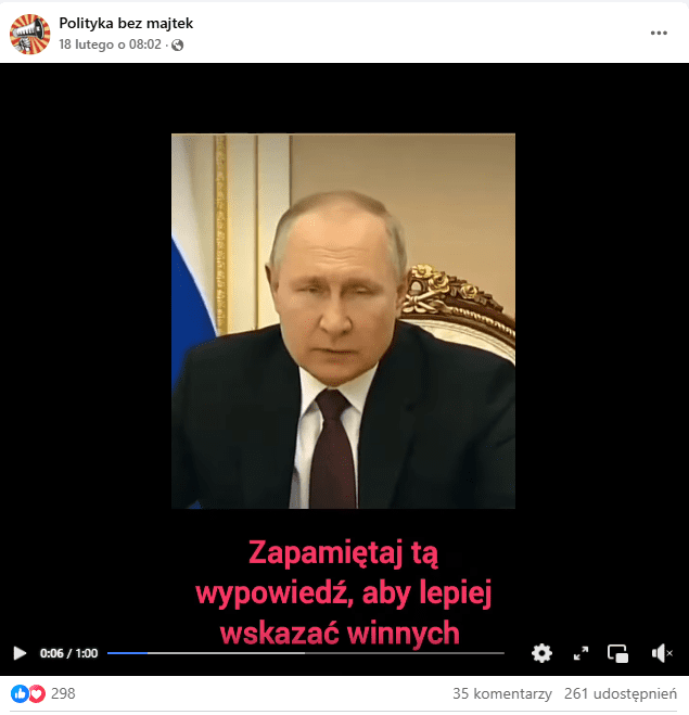 Zrzut ekranu ze źle przetłumaczonego nagrania Władimira Putina na platformie Facebook. Na wideo widnieje napis „Zapamiętaj tę wypowiedź, aby lepiej wskazać winnych”.