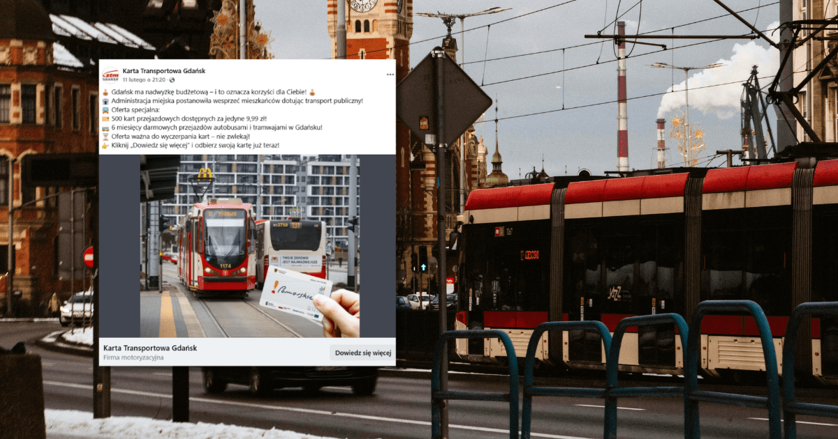 w tle tramwaj na jednej z ulic w Gdańsku, zrzut ekranu z Facebooka z informacją o promocyjnych cenach kart miejskich i darmowych przejazdach komunikacją.