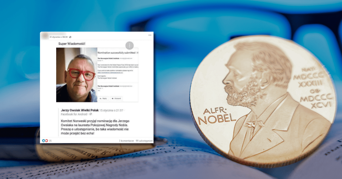 W tle medal pamiątkowy Nagrody Nobla i zrzut ekranu z Facebooka z informacją o tym, że Jurek Owsiak został nominowany do Pokojowej Nagrody Nobla.