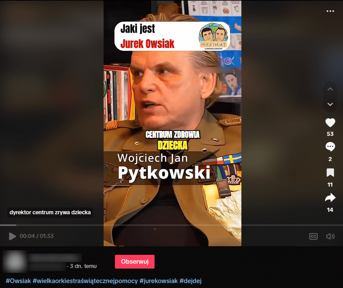 Screen z TikToka. Na filmiku widać Wojciecha Jana Pytkowskiego. Na górze wyświetla się pytanie: Jaki jest Jurek Owsiak.