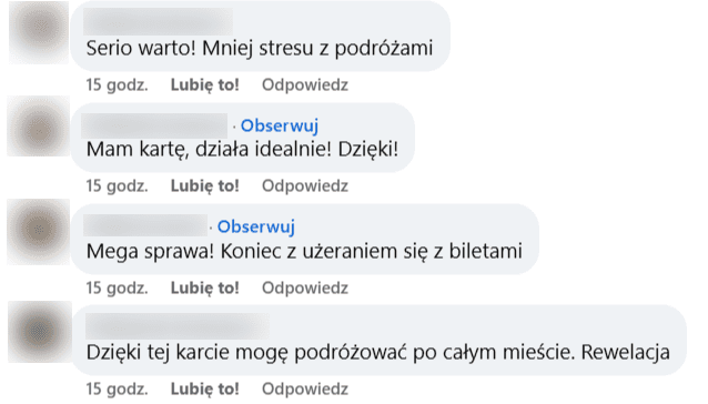 Zrzut ekranu z komentarzy pod postem. Wpisy o treści np. „Mam kartę, działa idealnie! Dzięki!” lub „Dzięki tej karcie mogę podróżować po całym mieście. Rewelacja”.