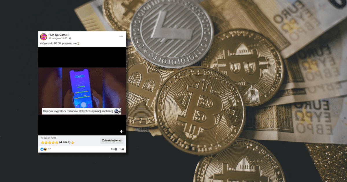 W tle pieniądze, zrzut ekranu z Facebooka z informacją o tym, że dziecko wygrało 5 milionów złotych w aplikacji mobilnej