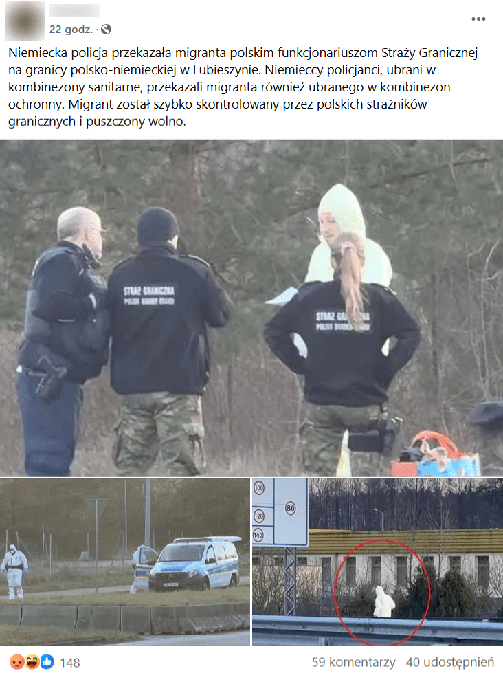 Zrzut ekranu posta na Facebooku. Widzimy mężczyznę w białym kombinezonie oraz funkcjonariuszy Straży Granicznej. 148 reakcji, 59 komentarzy, 40 udostępnień. 