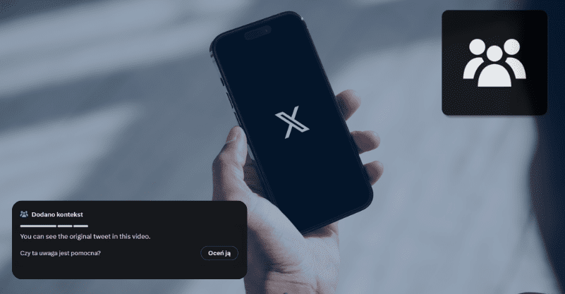 w tle dłoń trzymająca telefon, logo platformy X i ikonka notatek społeczności