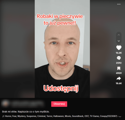 Zrzut ekranu. W karze widoczna jest postać mężczyzny łysego w czarnej koszulce. Na górze ekranu znajduje się napis: „Robaki w pieczywie, to już pewne!!”, a na dole „Udostępnij”.