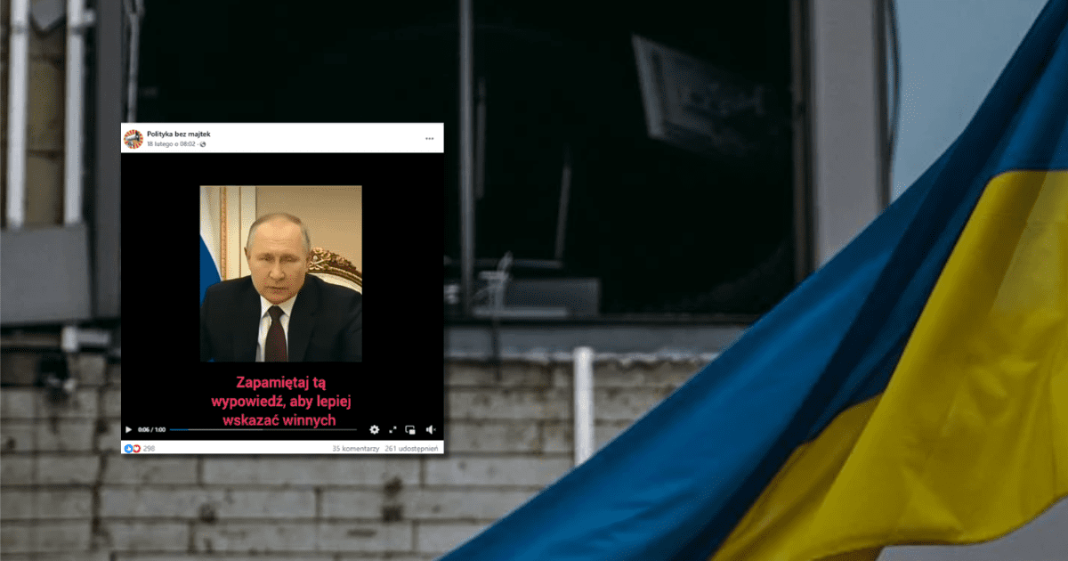 w tle zniszczony budynek i flaga Ukrainy, zrzut ekranu z Facebooka ze zdjęciem Władimira Putina