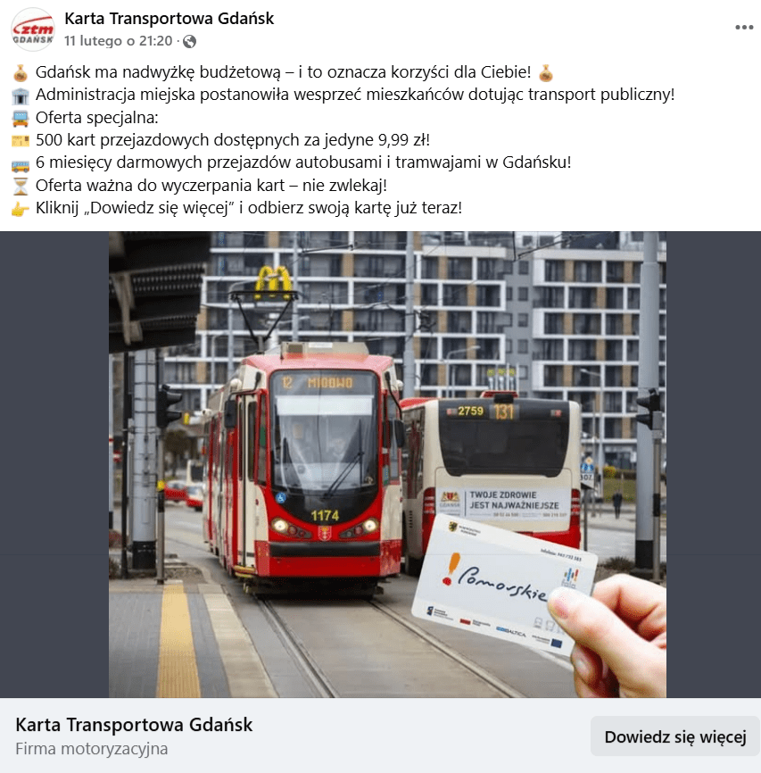 Zrzut ekranu z posta na Facebooku. Na zdjęciu tramwaj i autobus oraz karta miejska.