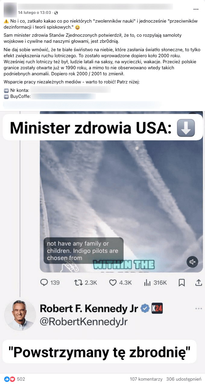 Screen postu z Facebooka. Ilustracją do wpisu jest zrzut ekranu z portalu X.com. Na zrzucie ekranu widać fragment posta ze zdjęciem smug kondensacyjnych oraz przetłumaczony komentarz Roberta F. Kennedy Jr.: „Powstrzymamy tę zbrodnię”. Sekretarz zdrowia USA ma zdjęcie profilowe, na którym jest w białej koszuli i uśmiecha się. 