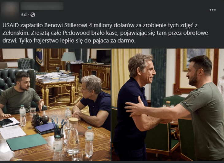 Zrzut ekranu posta na facebooku. Na górze podpis, na dole zdjęcia ze spotkania Bena Stillera i Wołodomyra Zełenskiego