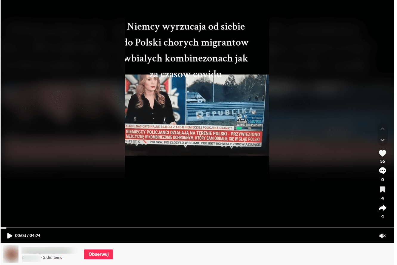 Film na TikToku z fragmentem programu telewizyjnego pokazującego sytuację przekazania do Polski mężczyzny w kombinezonie ochronnym