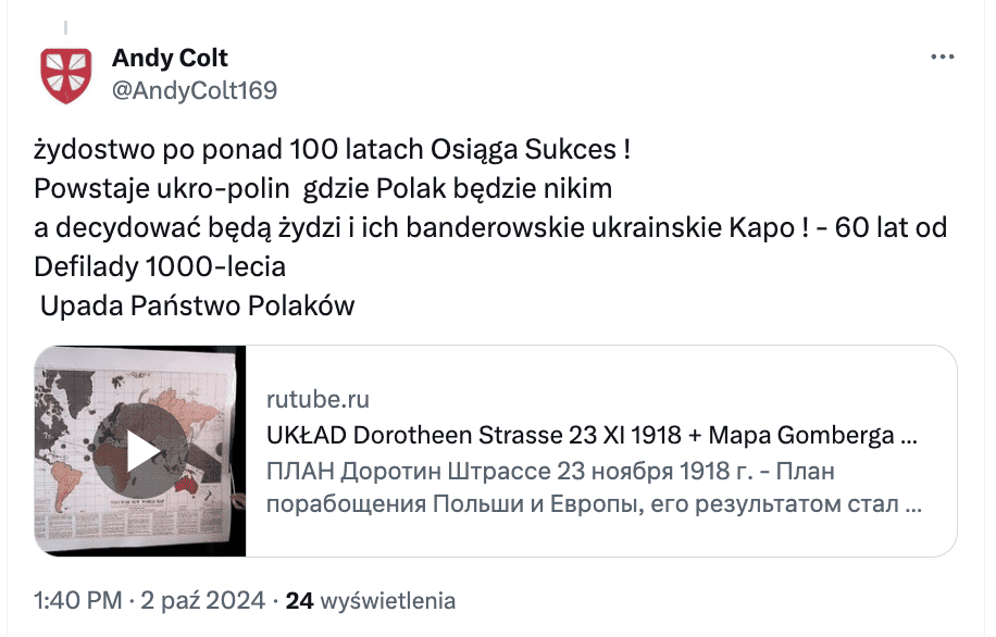 Antyukraiński wpis w serwisie X.