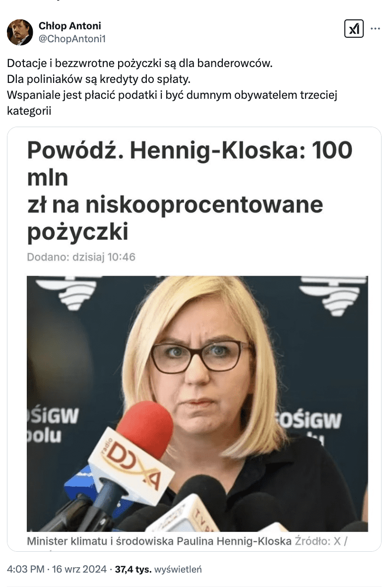 Antyukraiński wpis w serwisie X