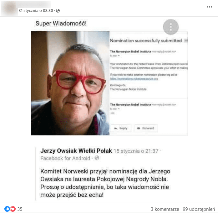 Zrzut ekranu ze wpisu na platformie Facebook, w którym opisana jest rzekoma nominacja Jerzego Owsiaka do Pokojowej Nagrody Nobla.