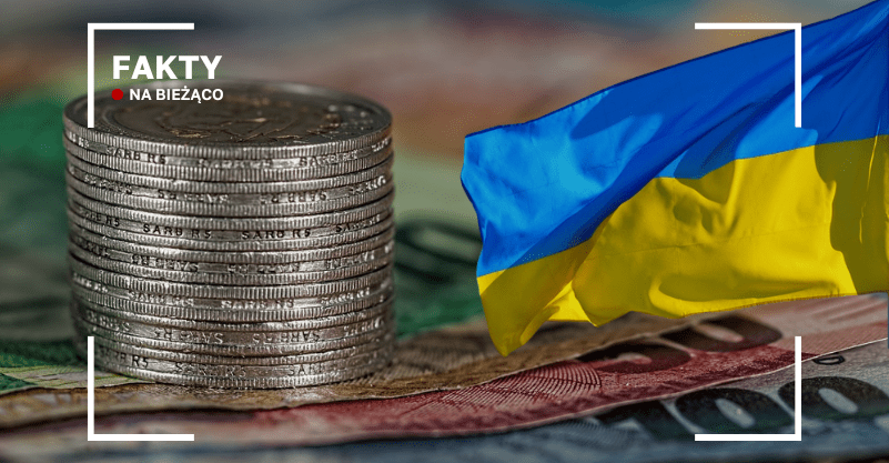 Flaga Ukrainy oraz monety i banknoty euro w tle