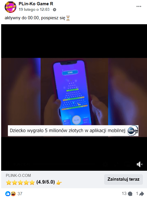Wpis na Facebooku z filmem imitującym nagranie z TVN24, a także z linkiem do zainstalowania aplikacji, rzekomo pozwalającej na duże wygrane