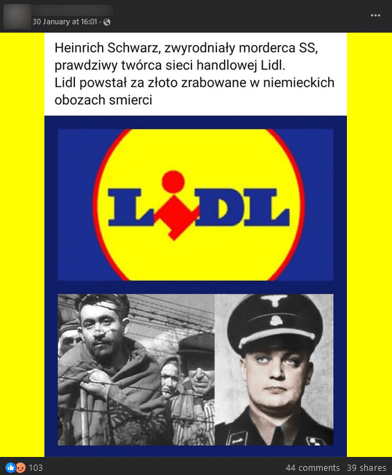 zrzut ekranu postu na Facebooku. Na górze posta jest znak handlowy Lidl, na dole czarno-białe zdjęcia przedstawiające więźniów obozu koncentracyjnego i Heinricha Schwarza w mundurze SS.