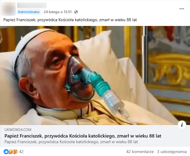 Wpis na Facebooku z informacją o śmierci papieża Franciszka