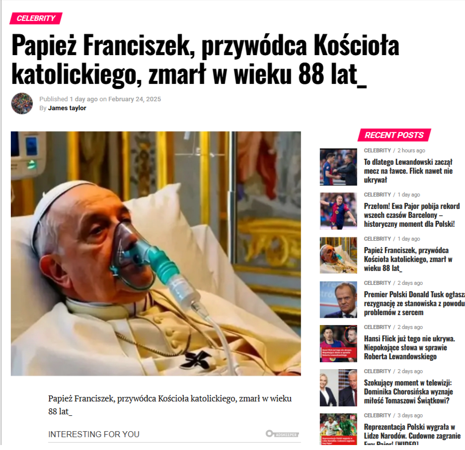 Zrzut ekranu z serwisu informacyjnego z grafiką przygotowaną przez AI i nagłówkiem głoszącym, że papież Franciszek nie żyje