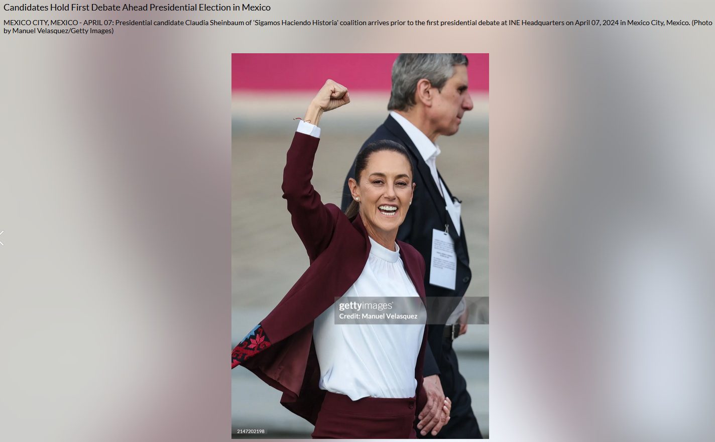 Zrzut ekranu strony Getty Images. Na górze podpis, na dole zdjęcie Claudii Sheinbaum